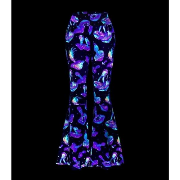 NWT XL Retro Stretchy Pants Blacklight Mushroom Rave Festival Flares - Picture 2 of 10